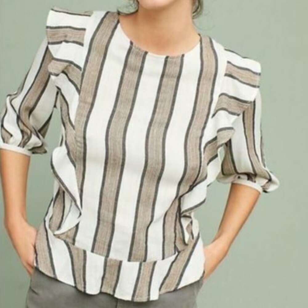 Striped Ruffle Sleeve Blouse - White & Tan